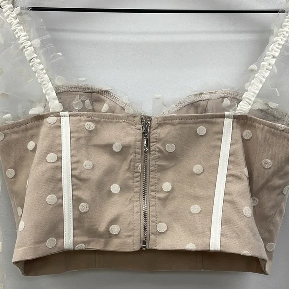 Hello Molly Sunset Polka Dot Mesh Sweetheart Corset Crop Top Preppy Beige 4 - Picture 8 of 12